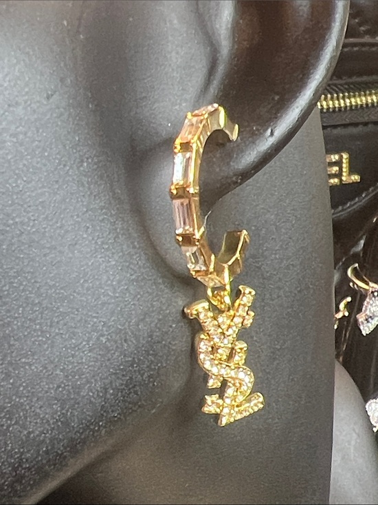 Jewelry - Gold Tone Crystal Logo Drop Hoop Earring - Gold